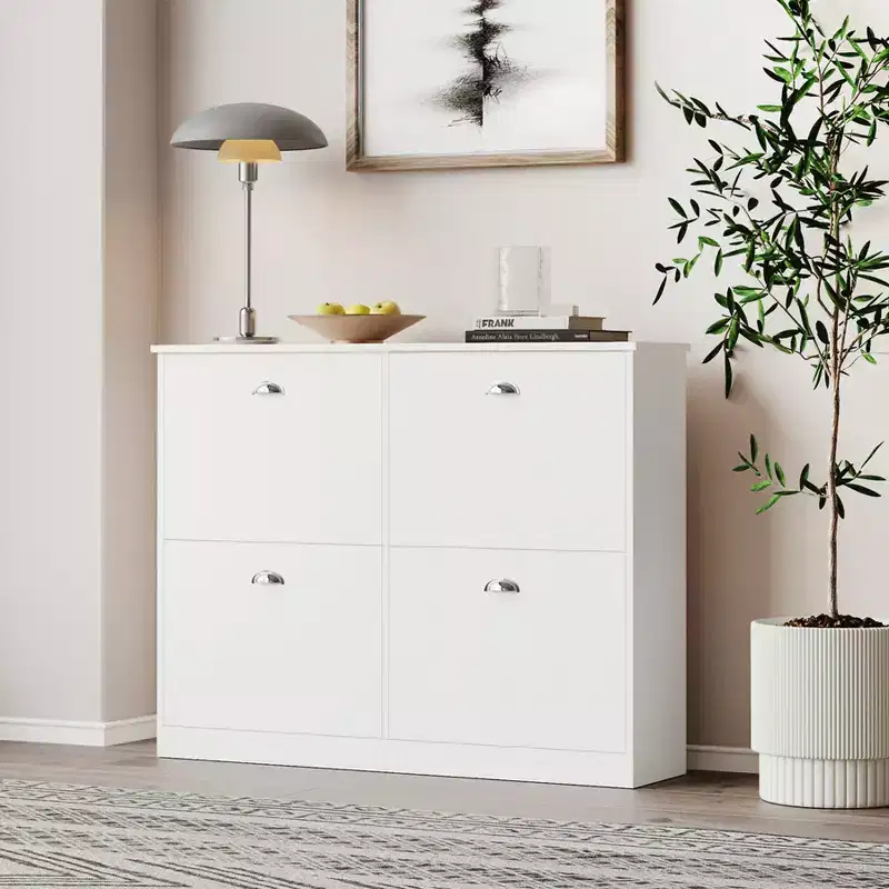 JVNOXK 40-inch Concealed Ultra-Slim Shoe Cabinet with 4 Flip-Top Drawers and Anti-Tip Mechanism, Suitable for Entryways and Bedrooms, White