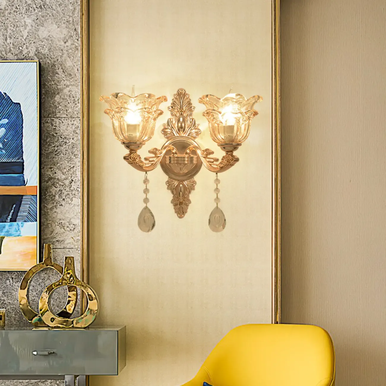 Mini Antique Gold Wall Sconce with Geometric Crystal Shade