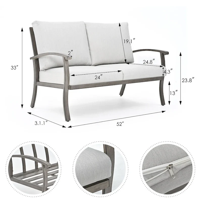 6-Piece Aluminum Patio Conversation Set with Coffee Table, Loveseat, Ottoman and Light Gray Cushions