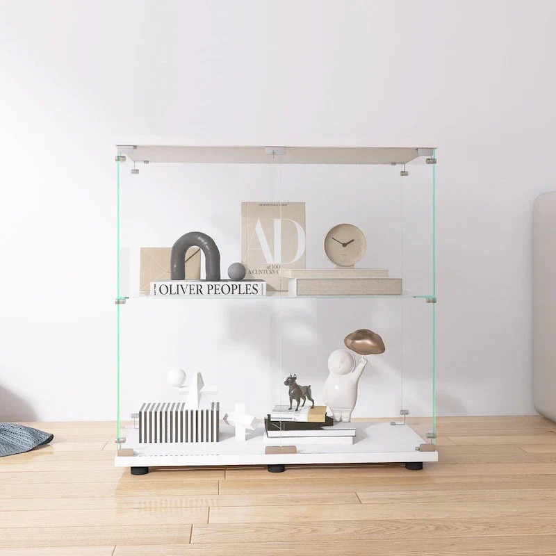 Two-door Glass Display Cabinet 2 Shelves with Door, Floor Standing Curio Bookshelf for Living Room Bedroom Office