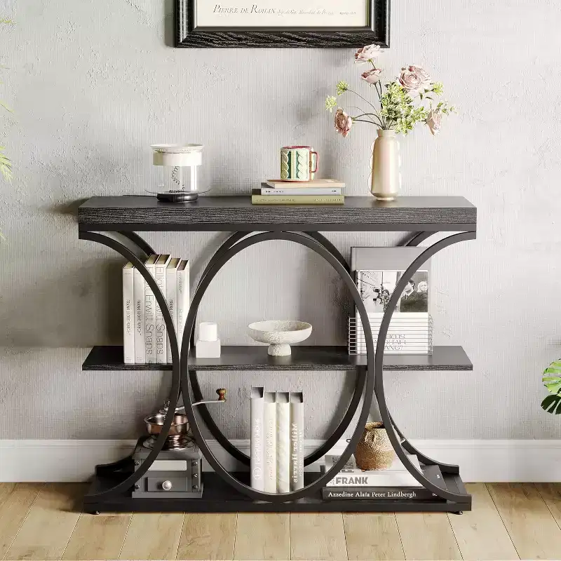 Acekool Grain Console Table, Slim 3-Tier Sofa Table with Geometric Legs for Entryway or Behind Couch