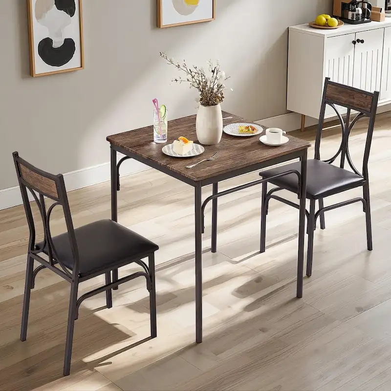 3-Piece Dining Table Set, Kitchen Wood Square Table and Chairs for 2, Rustic Brown