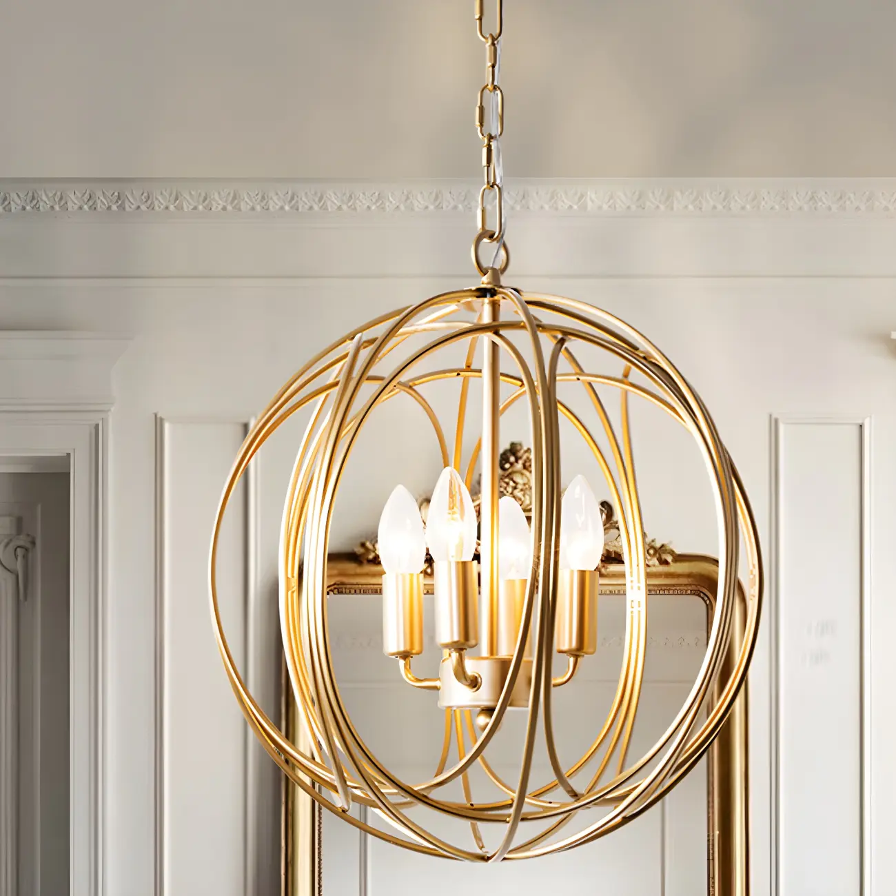 Gold Spherical Metal Cage Candle Chandelier