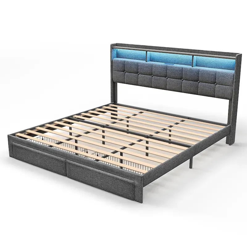 King Size Platform Bed with Fast Charging Station & Storage Headboard , RGB Lighting, 20W USB Ports