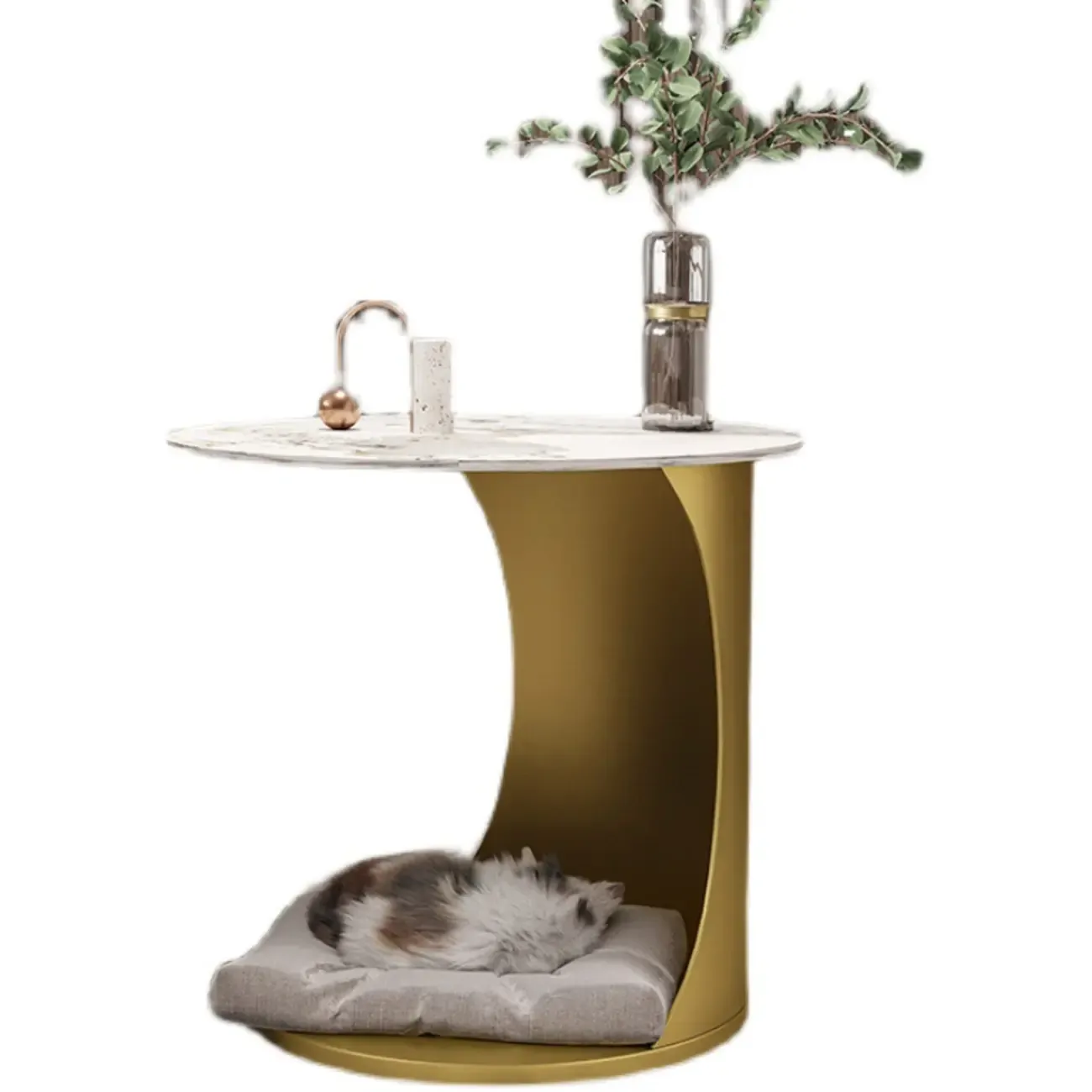 Classic C-Shaped White Marble Side Table with Gold Metal Base