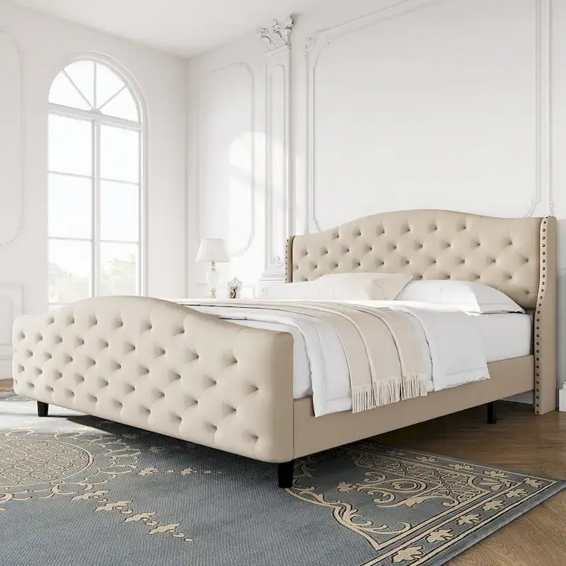 Bed Frame With Velvet Upholstered Headboard And Footboard