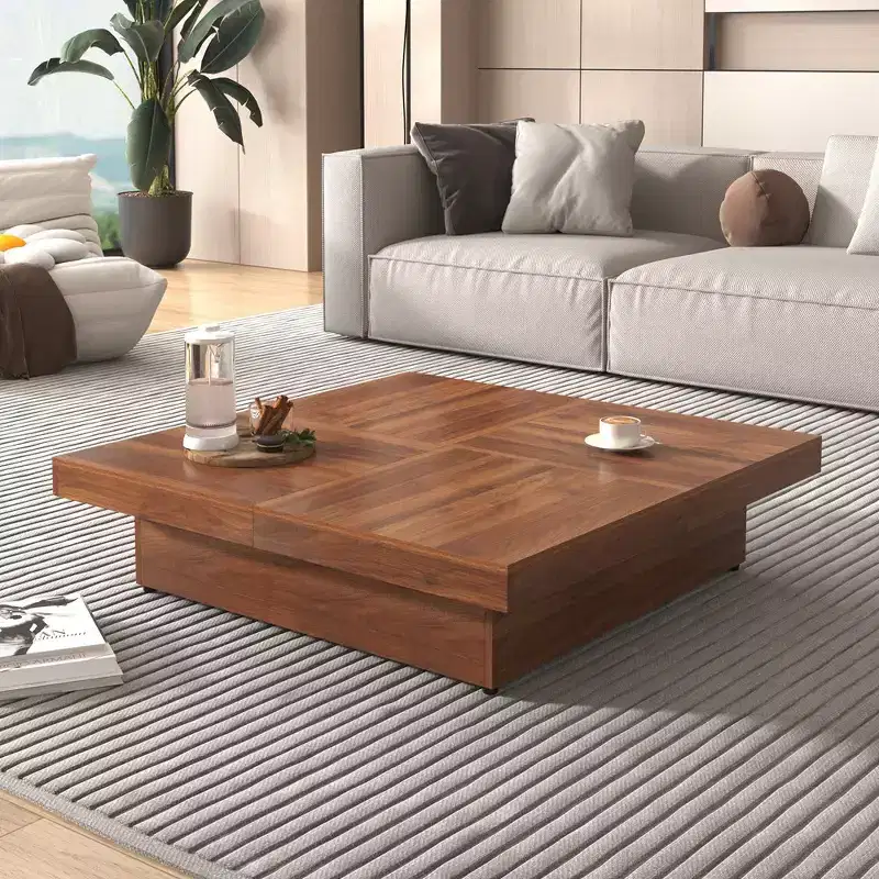 39.4 Sliding Top Coffee Table, Slide Table With 4 Storage Compartments, Farmhouse Square Marble Veneer Coffee Table