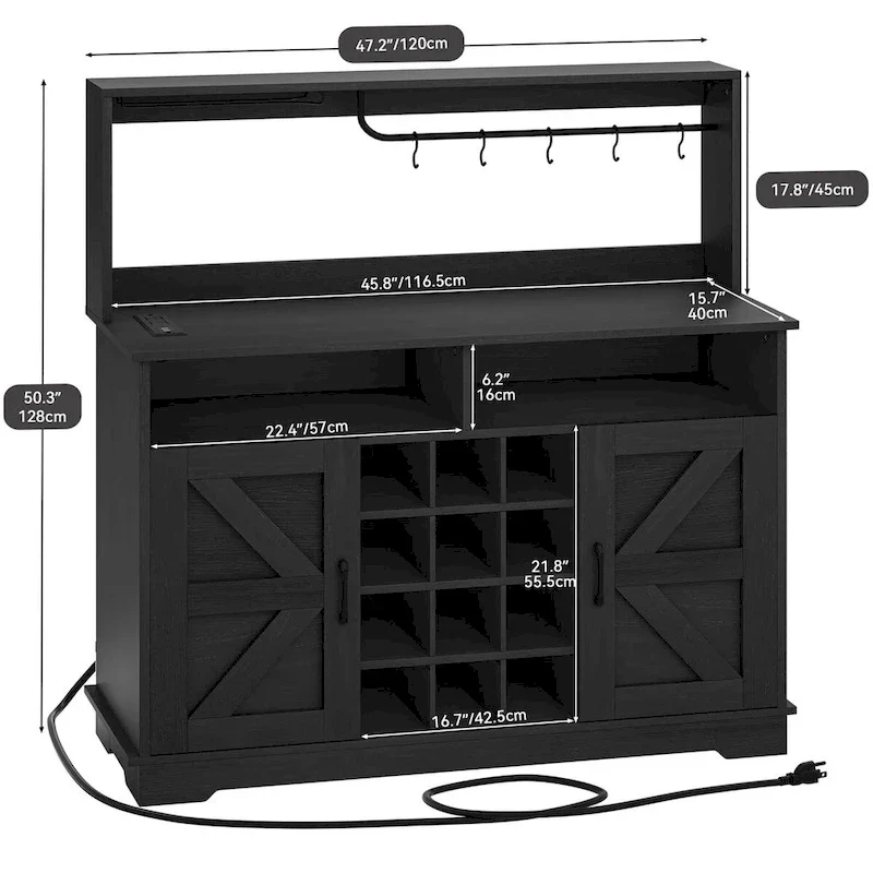 Bar Cabinet with Wine Rack and Power Outlets - 12-Bottle Storage (Black & Grey/White & Wood)