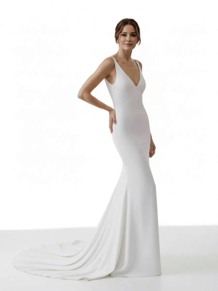 Mermaid Deep V-Neck Backless White Wedding Dress