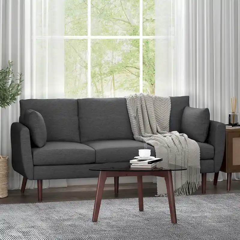 3-Seater Sofa with Pillow-Back Design and Birchwood Legs, Charcoal Fabric