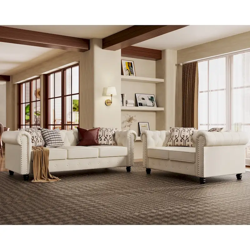 Morden Fort Classic Tufted Velvet Upholstered Chesterfield Club Loveseat and Sofa 2Pieces with Nailhead for Living Room