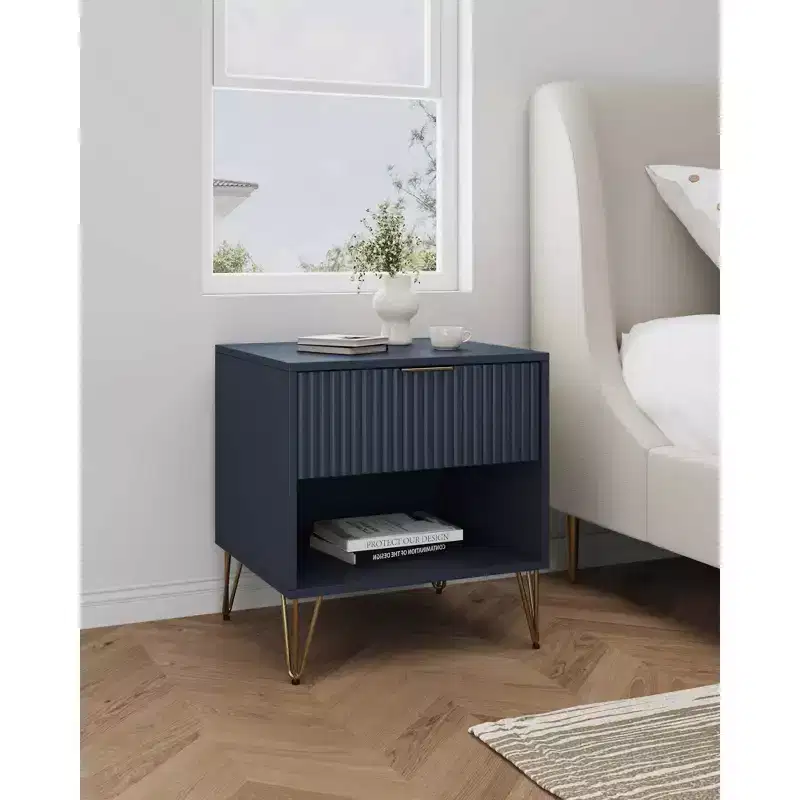 Manhattan Comfort Dumbo Nightstand with Drawer Midnight Blue: Contemporary Storage, Metal Glides, Glossy Finish