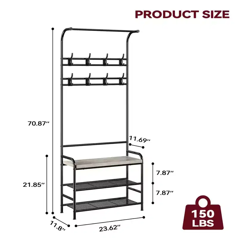 YESFASHION Coat Rack, Shoe Bench, 3in1 Hall Tree Shoe Rack, 3-Tier Storage Shelf and 8 Hooks, Freestanding Shoe Racks Organizer for Entryway, Bedroom