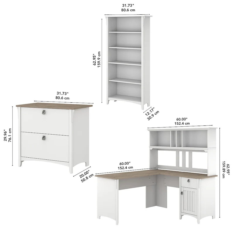 Salinas 60W L Desk with Hutch, Cabinet and Bookcase by Bush Furniture