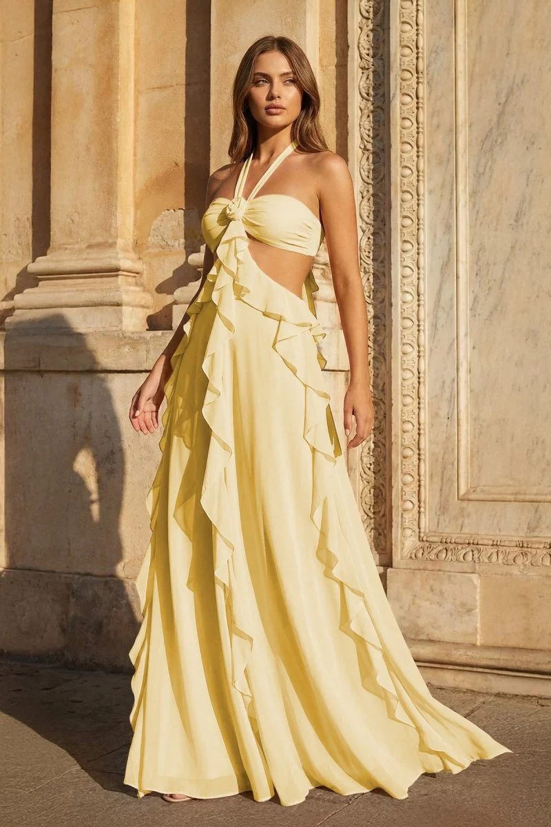 Pink A-Line Halter Chiffon Ruffled Long Prom Dresses With Cut Out