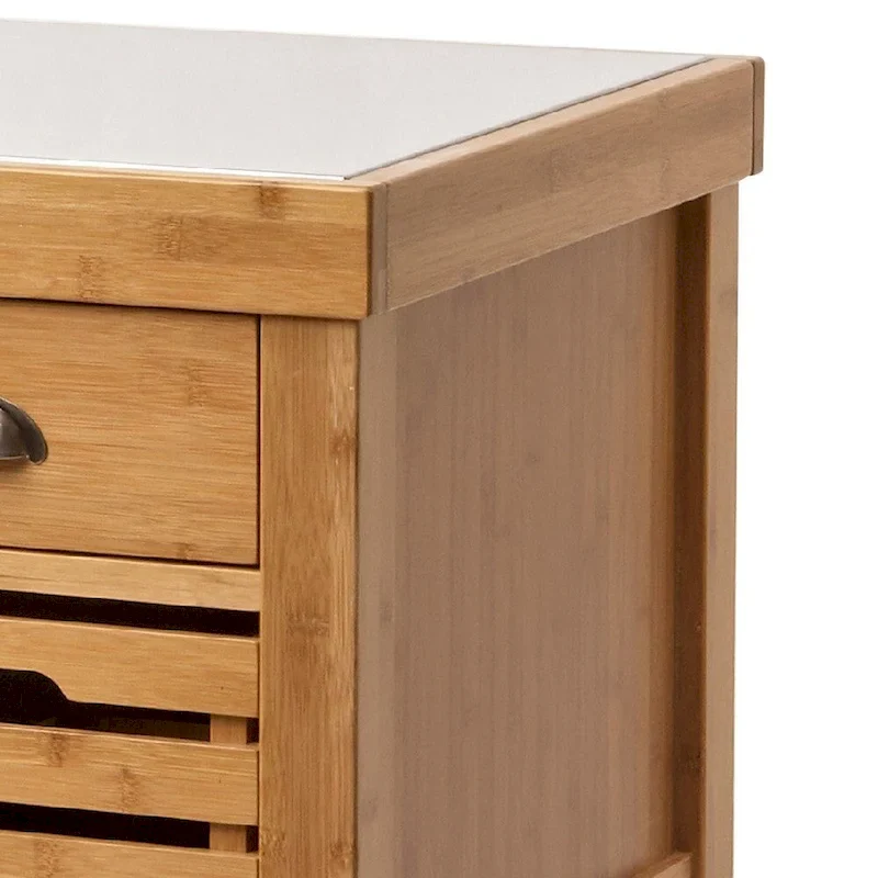 36 Inch Bamboo Kitchen Cart Island, 2 Drawers, Stainless Steel Top, Brown - 22 L x 29 W x 36 H Inches