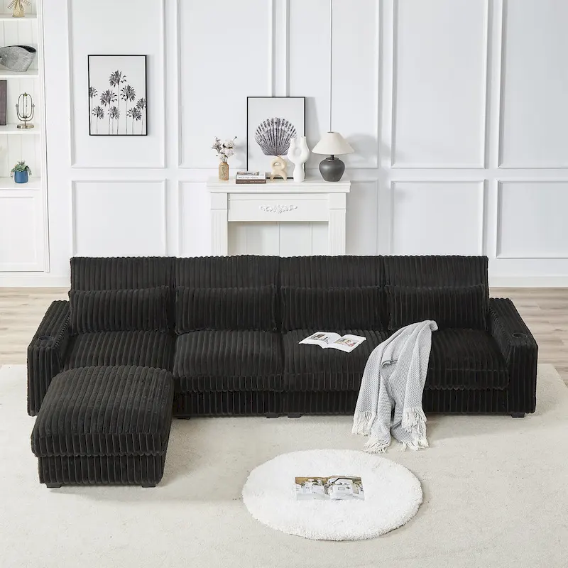 Black/Grey/Beige/Army Green Corduroy L-Shaped Sectional Sofa with USB Port, Seats 4-5