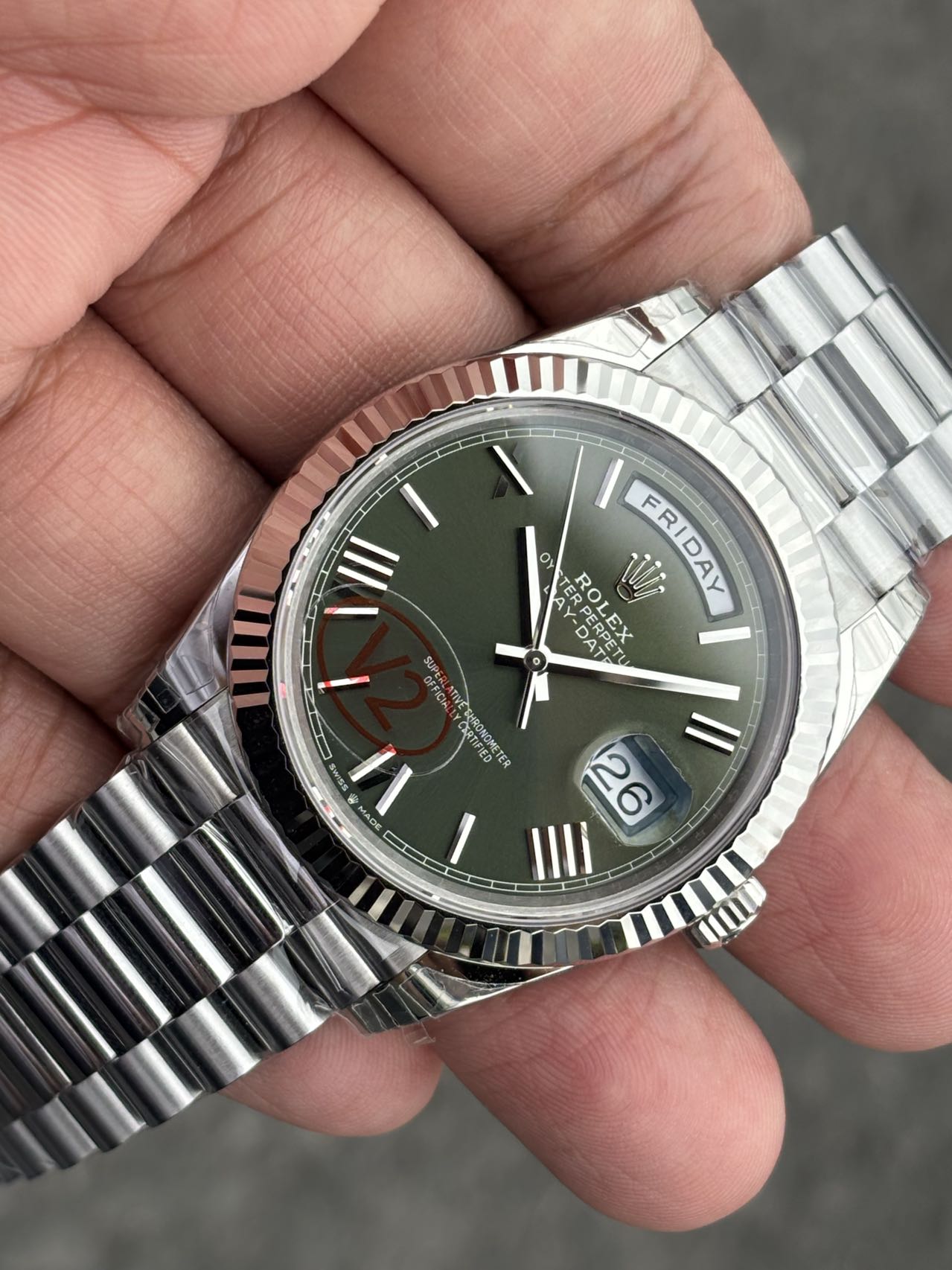 Rolex replica Day-Date green dial close-up