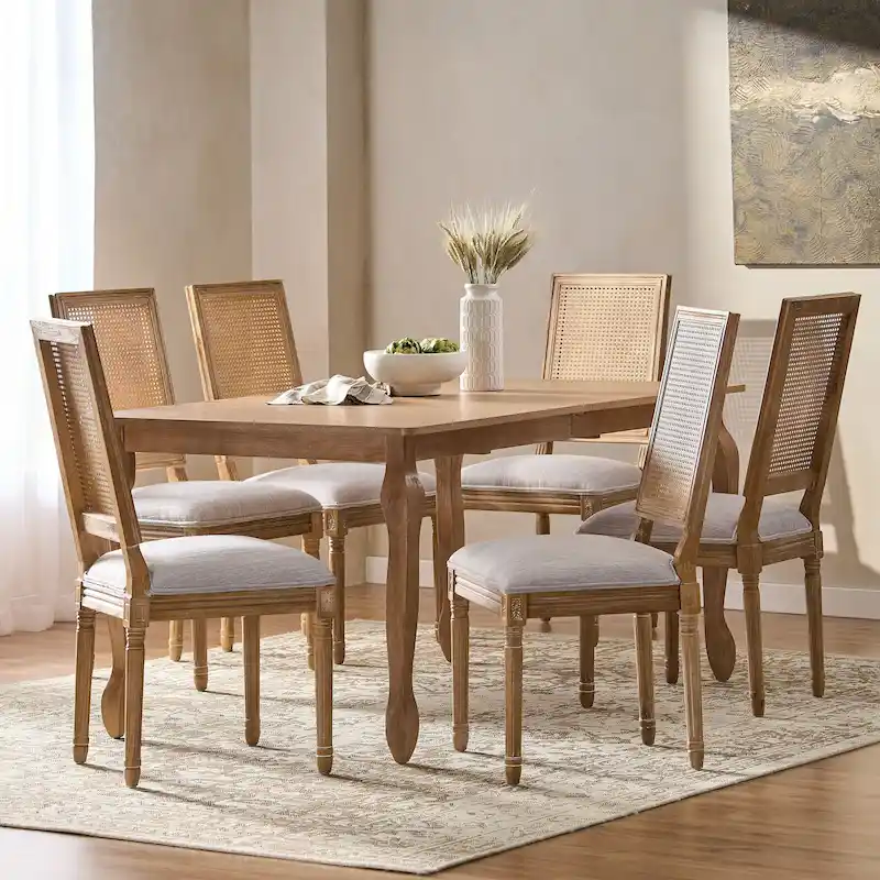 Regan Wood and Cane Upholstered Expandable 7 Piece Dining Set by Christopher Knight Home