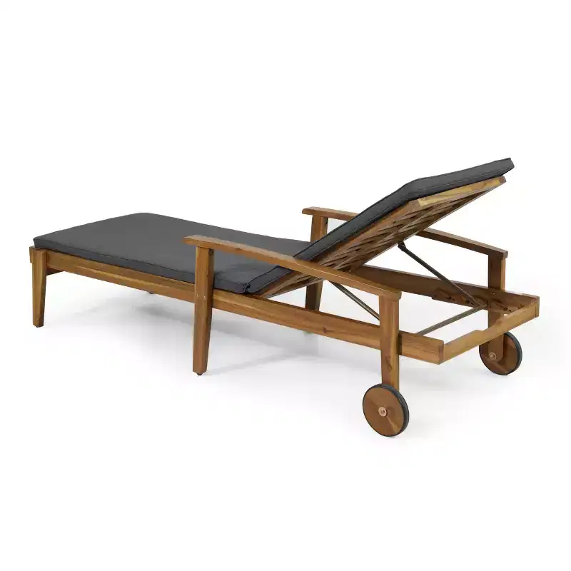 Acacia Wood Chaise Lounge with Cushion, 5-Position Reclining Patio Lounger