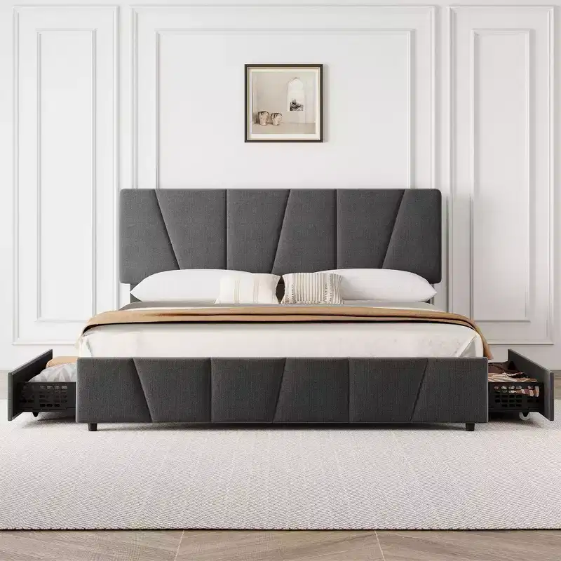 King Bed Frame, Platform Bed with Adjustable Headboard - 4 Storage Drawers, Velvet Upholstered Tufted, No Box Spring Needed, Grey