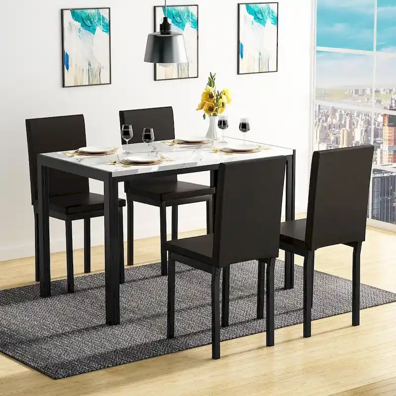 5-Piece Dining Table Set with Faux Marble Top and 4 PU Leather Upholstery Chairs for Kitchen Dining Room