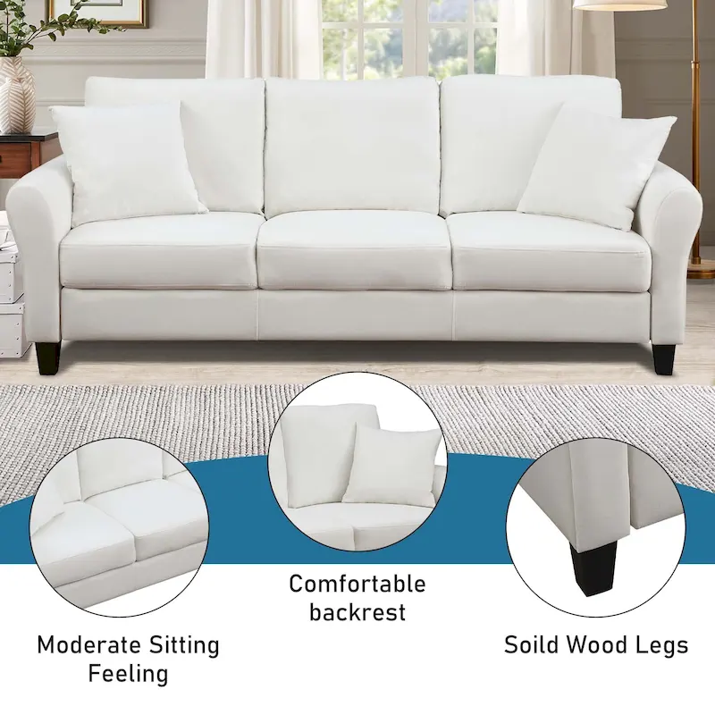 3-Seater Velvet Sofa with 2 Pillows, Black/White/Grey, Wood Frame, 3-Person