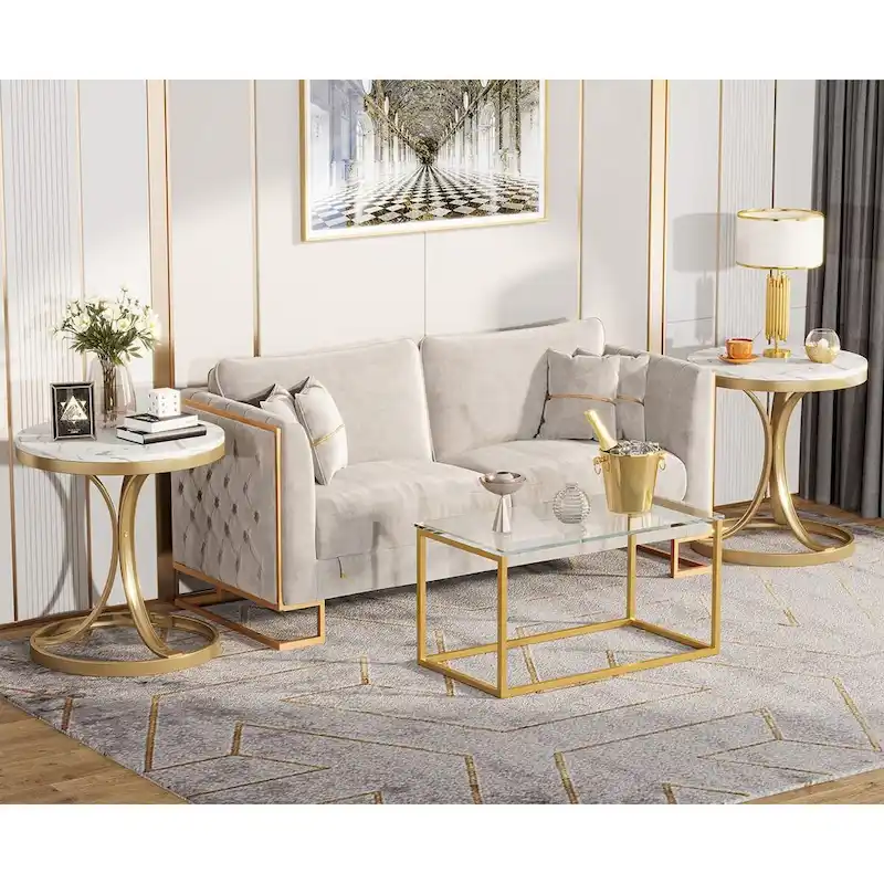 Round Side Table with Faux Marble Top and C-Shaped Metal Legs