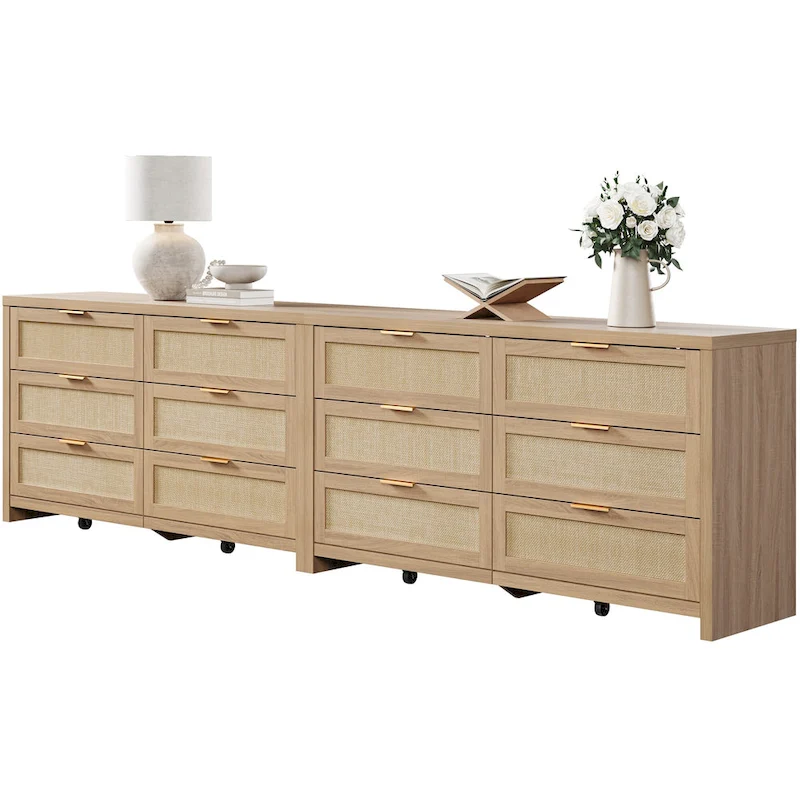 Set of 2 Elegant Right Angled Dresser with 6 Rattan Woven Drawers