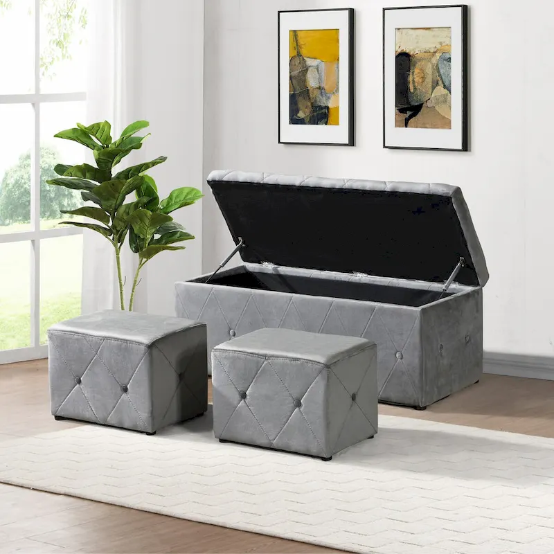 Rectangular Storage Ottoman Short velvet with 2 Set Ottomans
