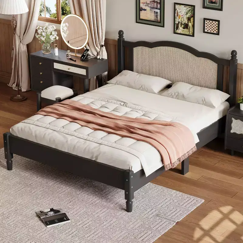 MAYEERTY Queen Size Wooden Platform Bed with Natural Rattan Headboard Vintage Bed Frame with Wooden Slat Black