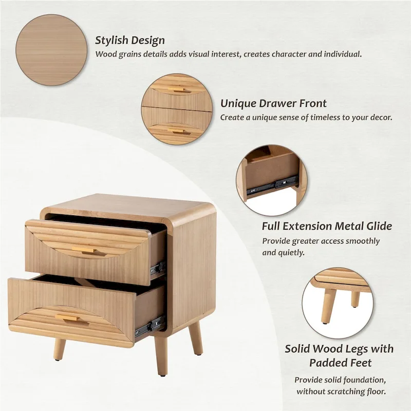 Farmhouse Nightstand, Mid Century Nightstand with Handcrafted , Boho, Rustic Style, Natural Wood