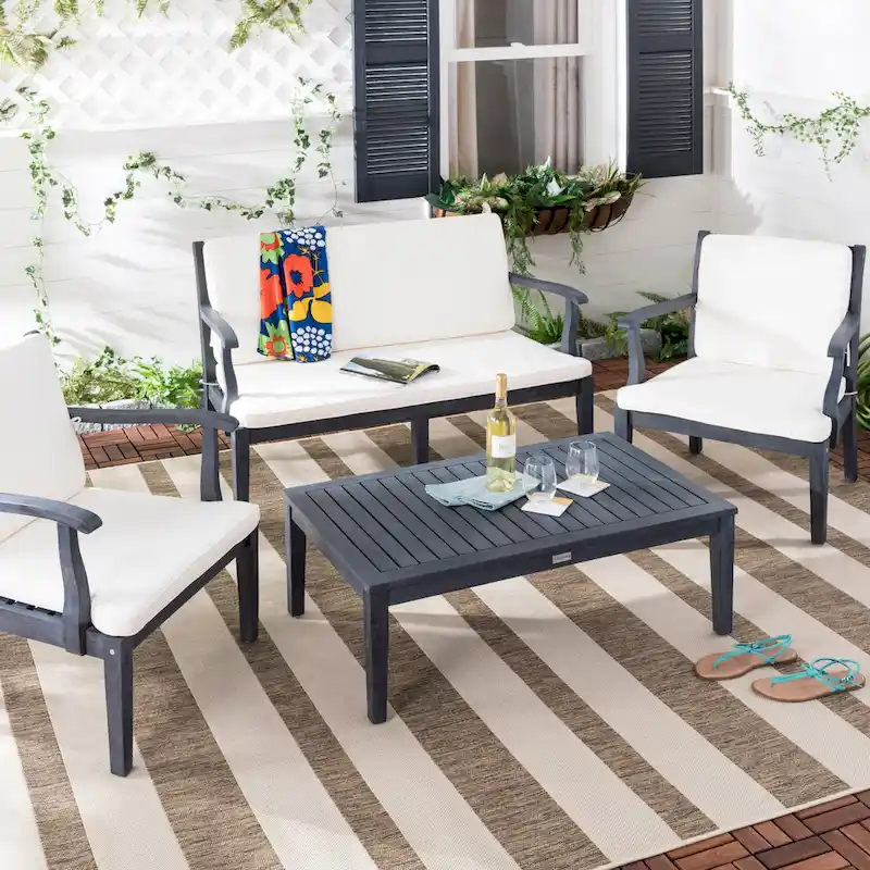 SAFAVIEH Outdoor Living Bradbury Ash Grey Acacia Wood 4-piece Beige Cushion Patio Set - 48