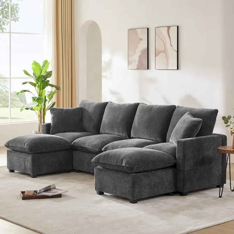 Modern 6-Seat Free Combination U-Shaped Modular Sofa, Sectional Couch Set with 2 Pillows