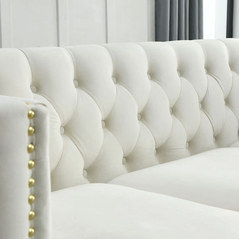 Velvet Upholstered 3 Seat Sofa,  Tufted Square Arm Sofa with Nailheads and Metal Legs