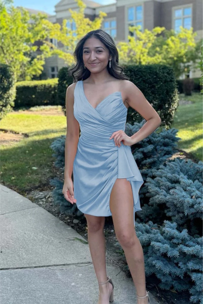 Sky Blue - One Shoulder Spandex Pleated Homecoming Dresses With Slit