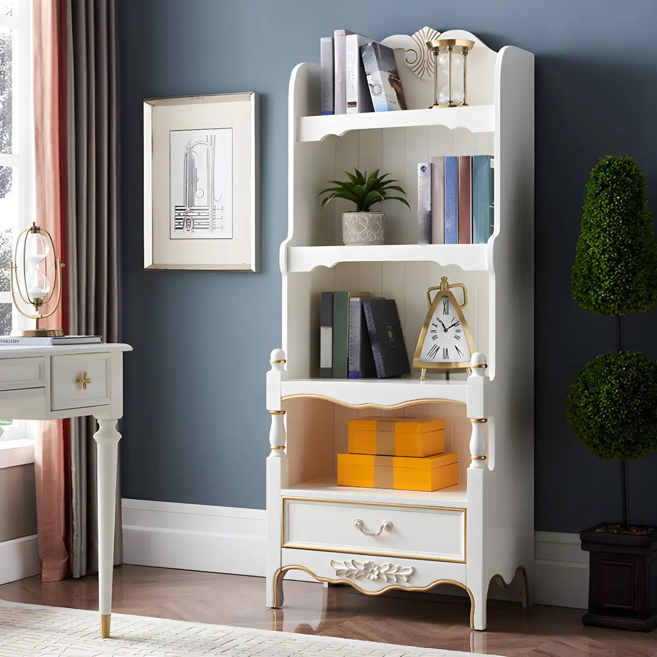 Classic Brown/White Wooden Bookcase with Drawer