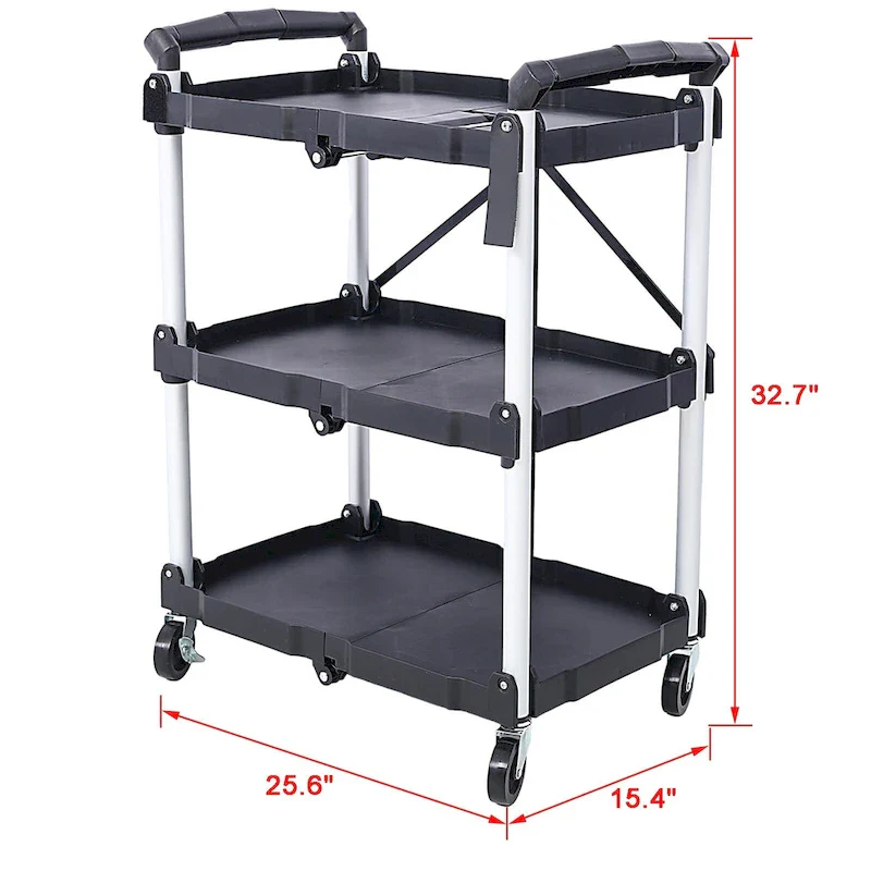 3-Tier Folding Collapsible Service Cart, 50 Lb Load Capacity per Shelf - 25.6Lx15.4Wx32.7H