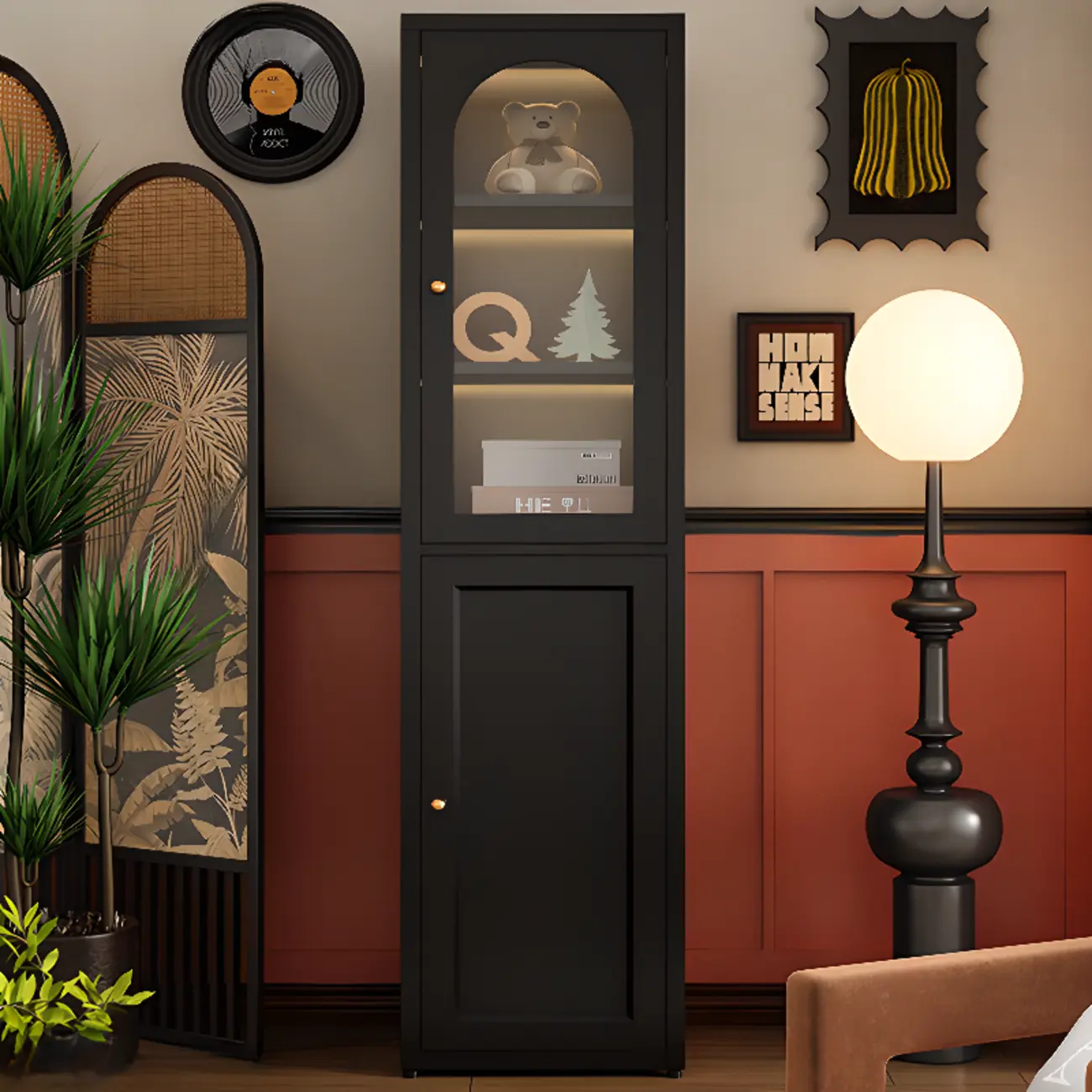 Large 6-Tier Modern Metal Black Cabinet Bookcase with Doors