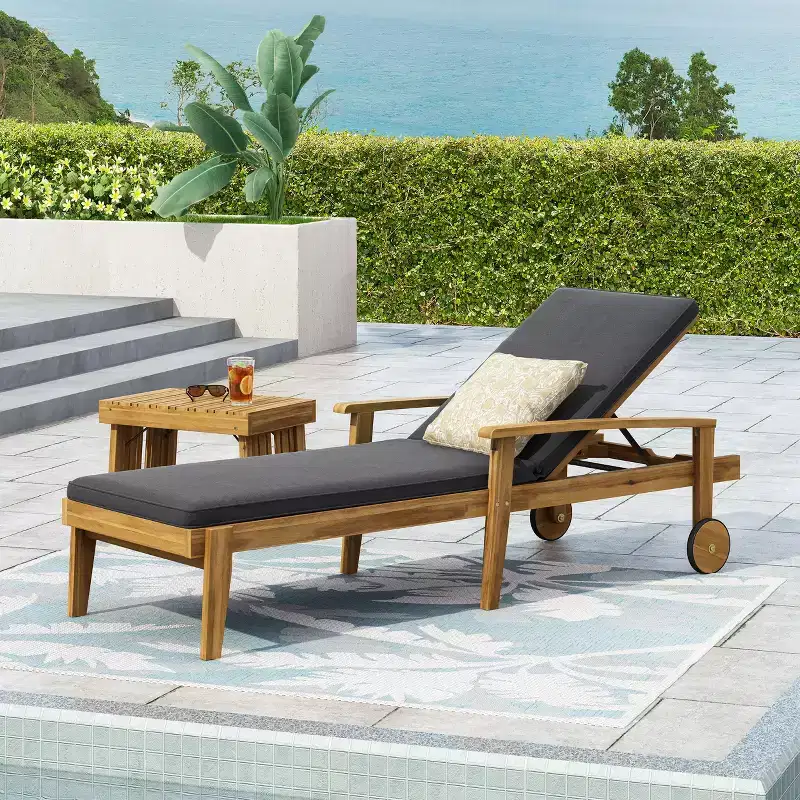 Acacia Wood Chaise Lounge with Cushion, 5-Position Reclining Patio Lounger