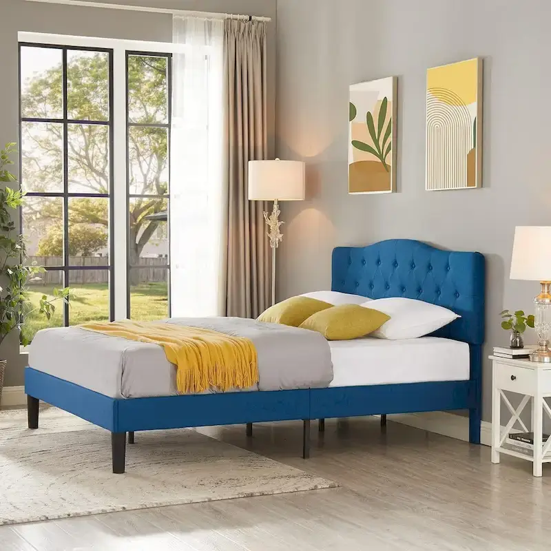 Dark Blue Tufted Upholstered Platform Bed Frame with Adjustable Headboard – Twin/Full/Queen