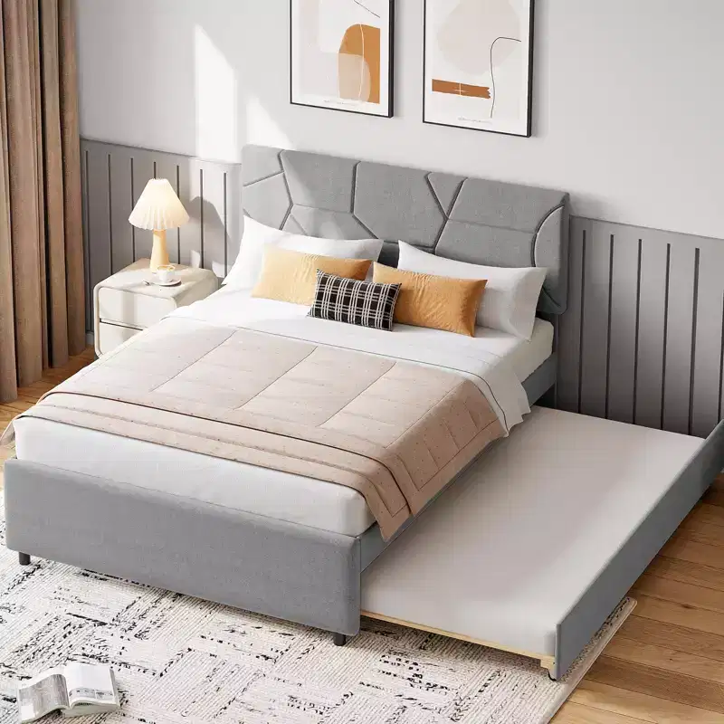 Queen Upholstered Bed Frame with Twin Size Trundle Bed, Platform Bed with Headboard, Wood Slat Support, 800lb Weight Capacity