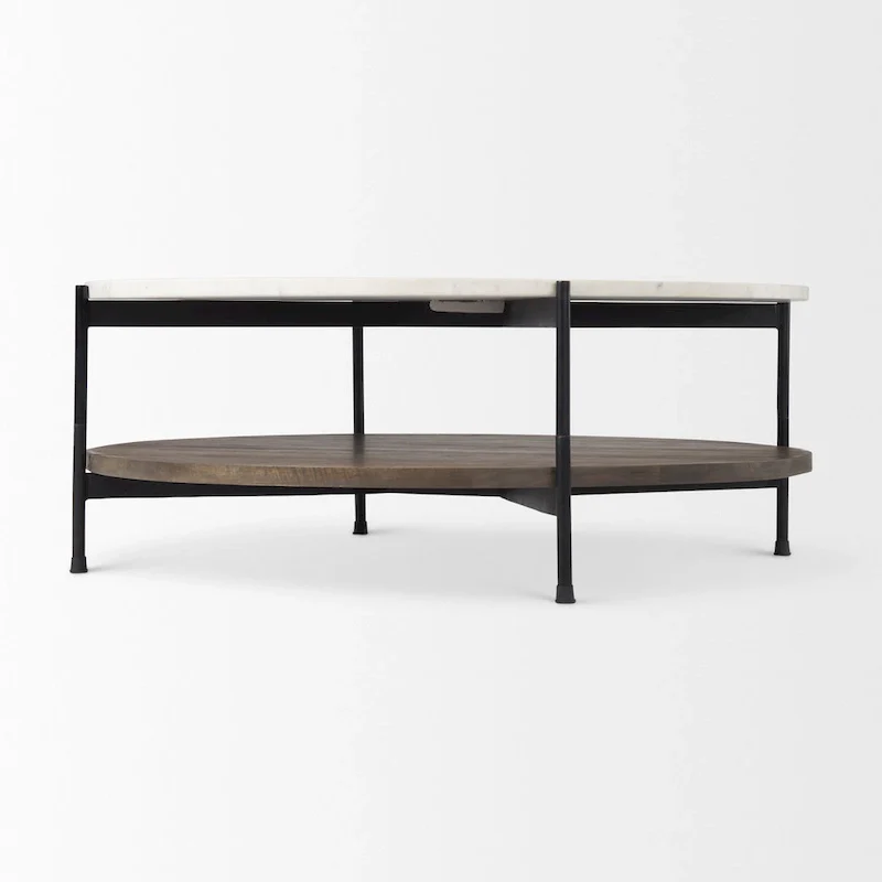 Larkin Two-Tier White Marble Top and Solid Wood Round Coffee Table