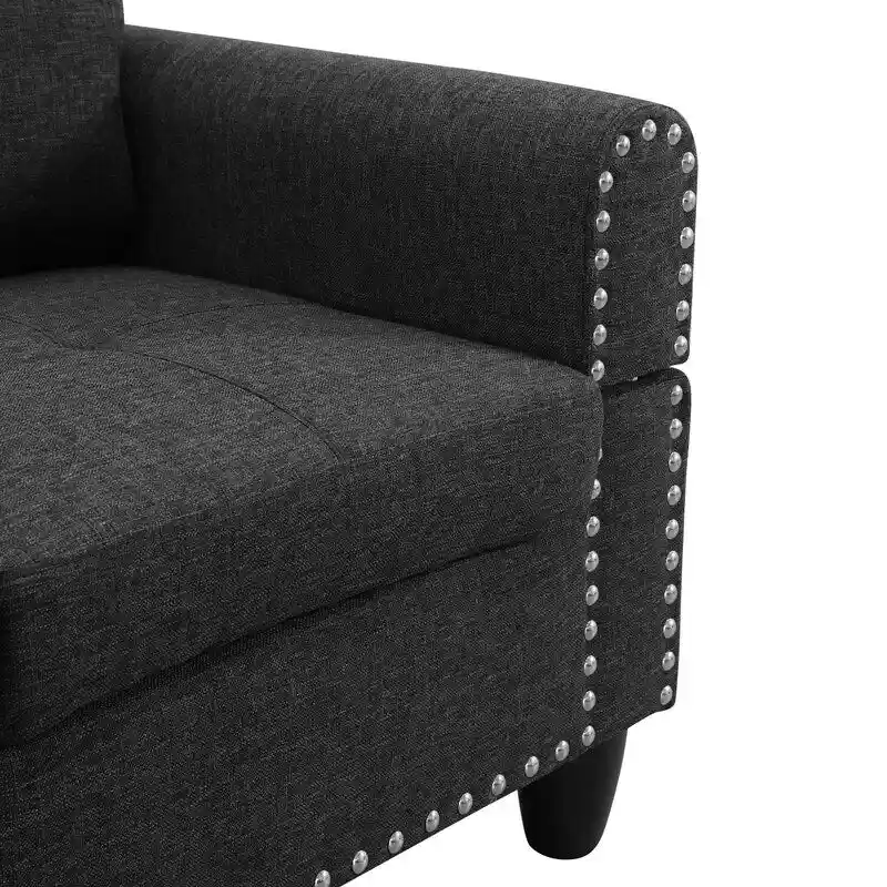 Rivet-Embellished 3-Piece Black Grey Linen Sofa Set - Elevate Your Living Room Style