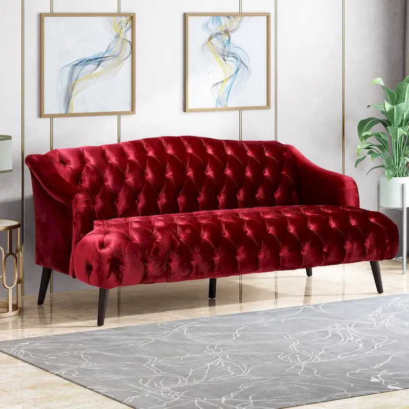 Velvet Tufted 3-Seater Sofa – Wine / Emerald / Smoke + Walnut Finish