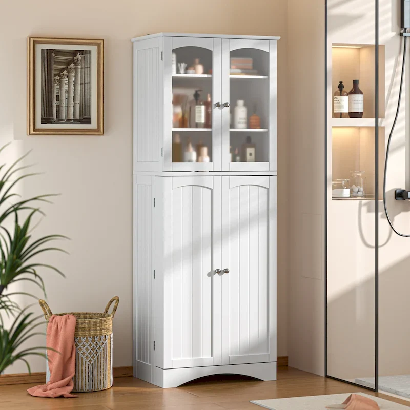 64  Kitchen Pantry Cabinet, Tall Storage Cabinet with Glass Doors and Adjustable Shelves