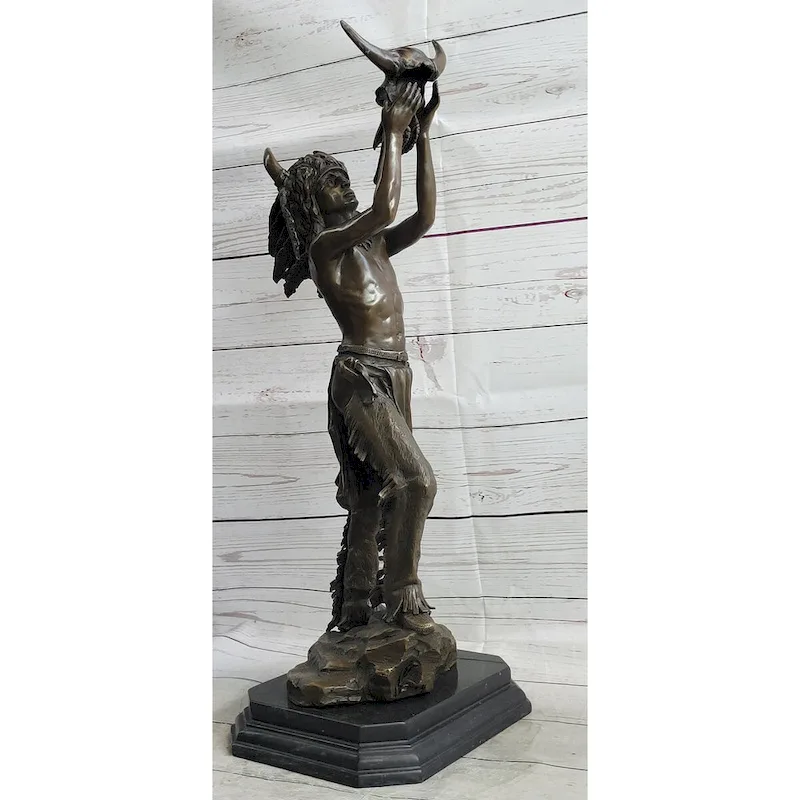 Native American Indian Shaman Medicine Man Holding Bison Skull Bronze Statue Sculpture 23 Inches X 11 Inches