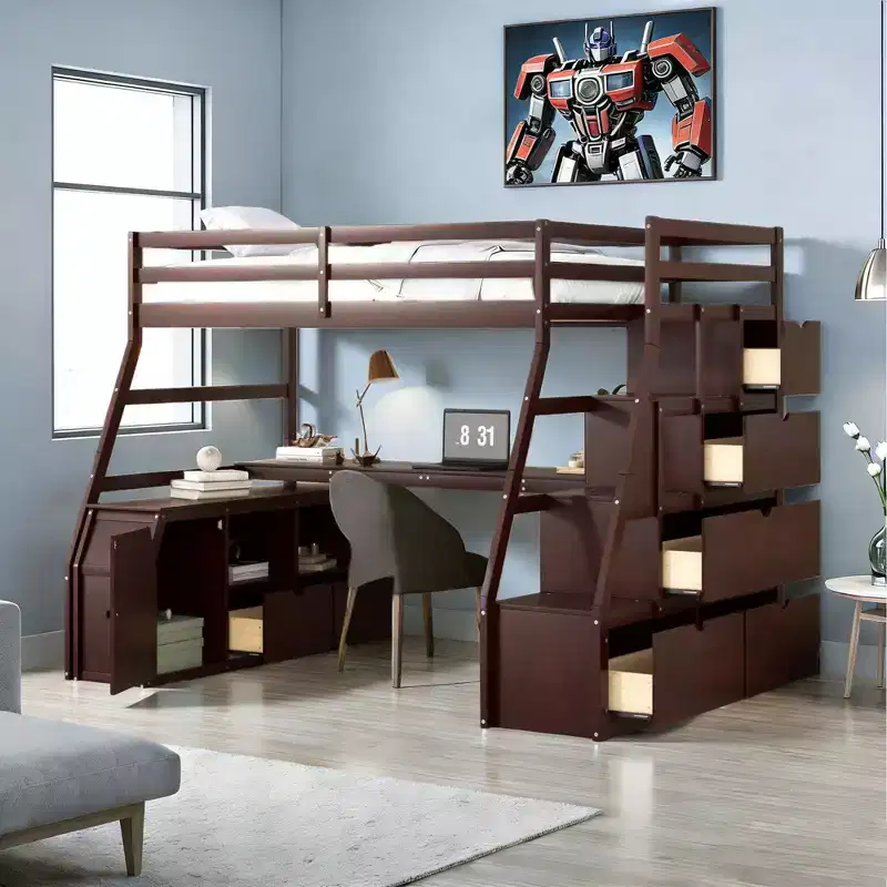 Luxystar Twin Size Loft Bed with 7 Drawers, 2 Shelves, Cabinet and Desk for Kids and Teens