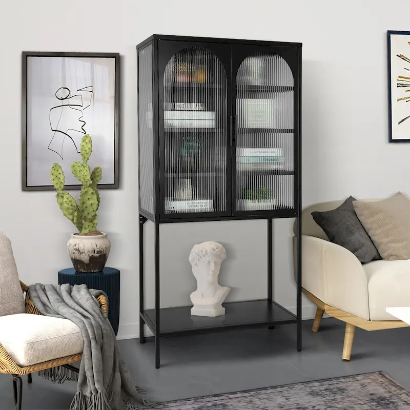 Adjustable Shelves Cabinet with 2 Glass Arched Doors