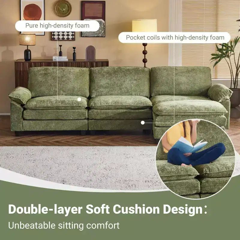 Karl Home |120 in. W Pillow Top Arm Double-layer Cushion Chenille Sofa in Brown With Ottoman